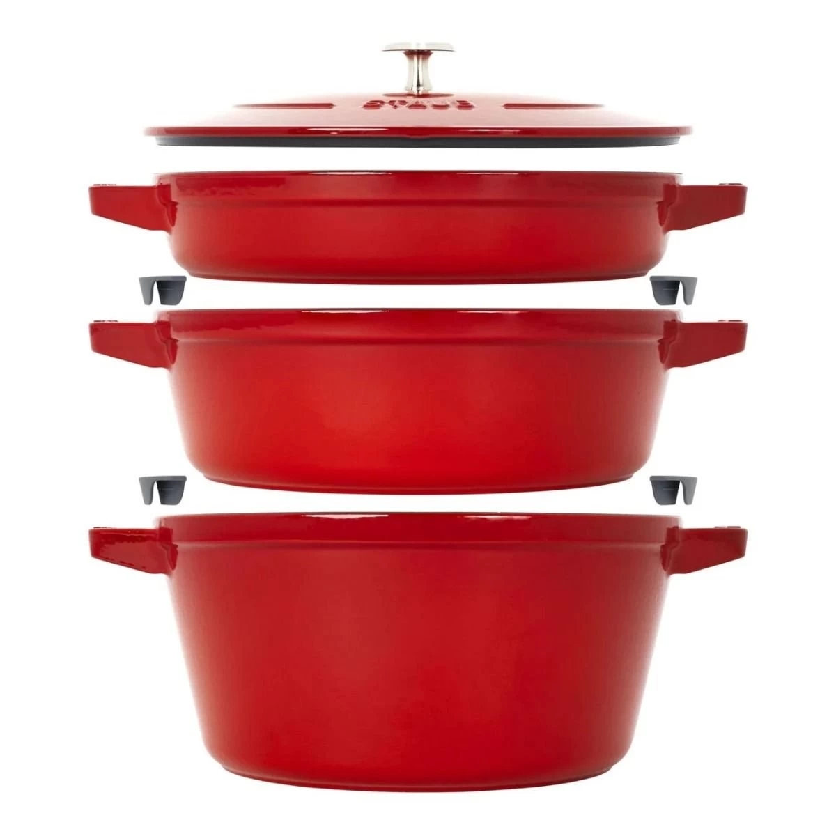 Staub Stackable Cocotte, Braiser, And Grill Pan With Lid | Cherry 3 Staub Stackable Cocotte, Braiser, And Grill Pan With Lid | Cherry