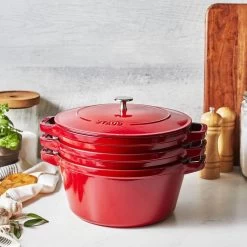 Staub Stackable Cocotte, Braiser, And Grill Pan With Lid | Cherry 21 Staub Stackable Cocotte, Braiser, And Grill Pan With Lid | Cherry -Cookware & Knives Shop 750051520