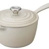 Le Creuset 2.25 Qt. Signature Enameled Cast Iron Saucepan With Stainless Steel Knob | Meringue White -Cookware & Knives Shop ls2518 18716ss le creuset 2.25 qt signature saucepan meringue ls2518 18716ss