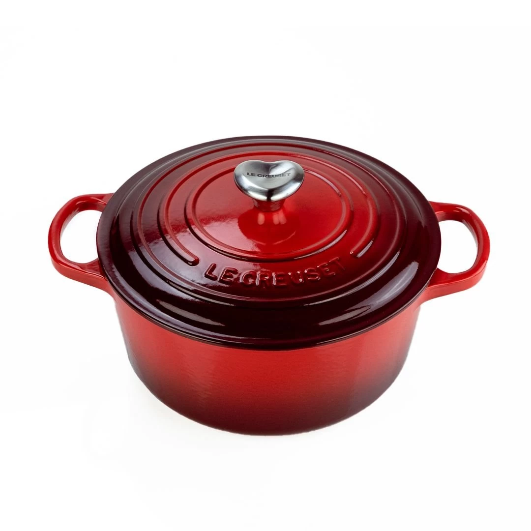 Le Creuset 3.5 Qt. Round Signature Dutch Oven With Stainless Steel Heart Knob | Cerise/Cherry Red 3 Le Creuset 3.5 Qt. Round Signature Dutch Oven With Stainless Steel Heart Knob | Cerise/Cherry Red