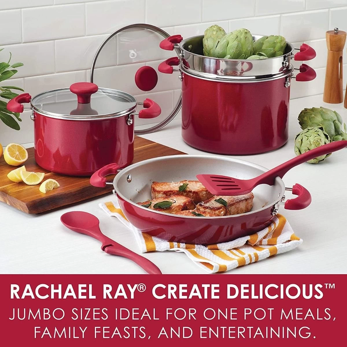 Rachael Ray 8-Piece Enameled Stacking Cookware Set | Red Shimmer 4 Rachael Ray 8-Piece Enameled Stacking Cookware Set | Red Shimmer - Image 2