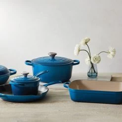 Le Creuset 5.5 Qt. Round Signature Cast Iron Dutch Oven With Stainless Steel Knob | Marseille Blue 12 Le Creuset 5.5 Qt. Round Signature Cast Iron Dutch Oven With Stainless Steel Knob | Marseille Blue -Cookware & Knives Shop rs12776 200716 lc 8piececastiron ret
