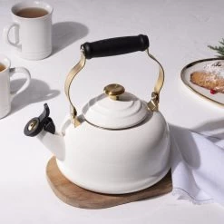 Le Creuset 1.7 Qt. Whistling Kettle | Noel (White & Gold) -Cookware & Knives Shop rs17645 22 lca q4 noelkettle horiz ret